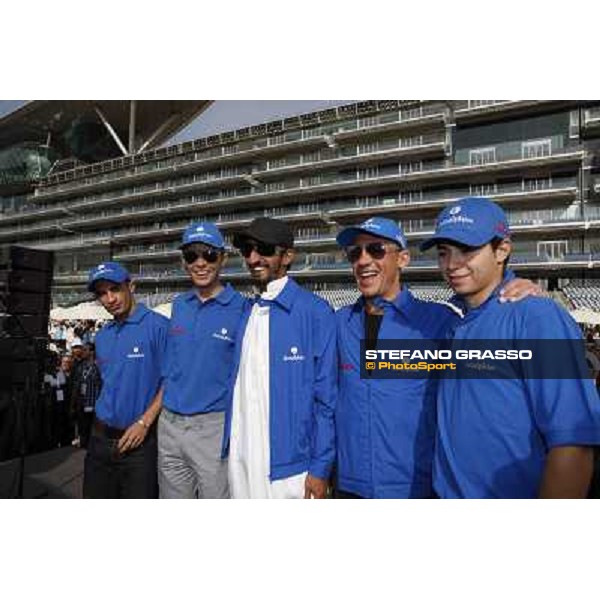 Frankie Dettori poses with Silvestre De Sousa,Kerrin McEvoy,Ahmed Aytebi and Mickael Barzalona Dubai, Meydan racecourse - 29th march 2012 ph.Stefano Grasso