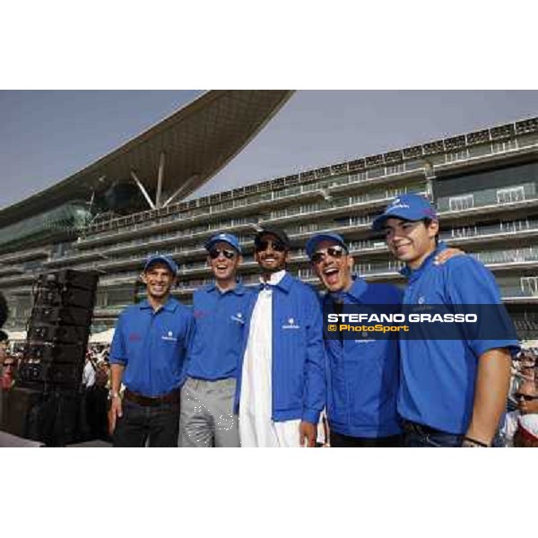 Frankie Dettori poses with Silvestre De Sousa,Kerrin McEvoy,Ahmed Aytebi and Mickael Barzalona Dubai, Meydan racecourse - 29th march 2012 ph.Stefano Grasso