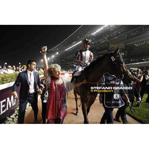 Corinne Barande Barbe exults with Olivier Peslier on Cirrus des Aigles after winning the Dubai Sheema Classic Dubai World Cup Dubai - Meydan racecourse 31st march 2012 ph.Stefano Grasso