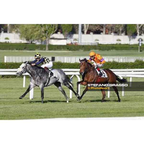 Fabio Branca on Crackerjack King goes to win the Premio DBS - Breeze Up Sale. Mario Esposito on Quiza Quiza Quiza is second Milano - San Siro galopp racecourse, 8th april 2012 photo Stefano Grasso