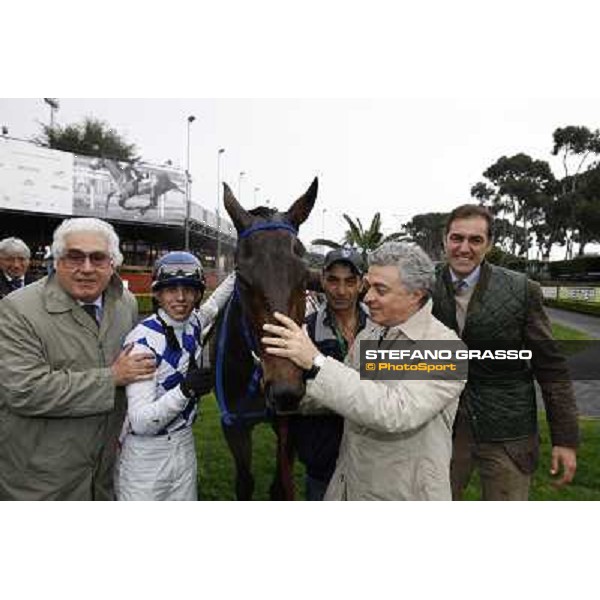 Andrea Scarpellini with Noble Hachy, Cristian Demuro and Luigi Riccardi after winning the Premio Carlo Chiesa Rome - Capannelle racecourse, 15th april 2012 photo Stefano Grasso