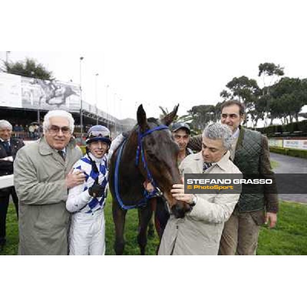 Andrea Scarpellini with Noble Hachy, Cristian Demuro and Luigi Riccardi after winning the Premio Carlo Chiesa Rome - Capannelle racecourse, 15th april 2012 photo Stefano Grasso