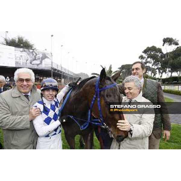 Andrea Scarpellini with Noble Hachy, Cristian Demuro and Luigi Riccardi after winning the Premio Carlo Chiesa Rome - Capannelle racecourse, 15th april 2012 photo Stefano Grasso