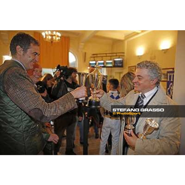 Andrea Scarpellini and Luigi Riccardi celebrate after winning the Premio Carlo Chiesa Rome - Capannelle racecourse, 15th april 2012 photo Stefano Grasso