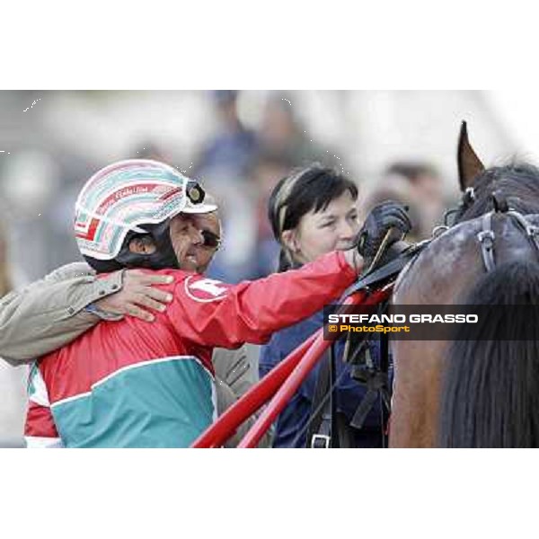 Edy Gubellini congratulates with his son Pietro Gubellini and Owen Cr after winning the Gran Premio d\'Europa Milan - San Siro trot racecourse, 25th april 2012 ph..Stefano Grasso