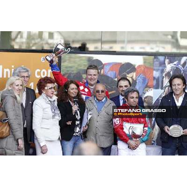 Harry Rantanen, Pietro Gubellini, and the winning connection of the Gran Premio d\'Europa Milano - San Siro trot racecourse, 25th april 2012 ph.Stefano Grasso