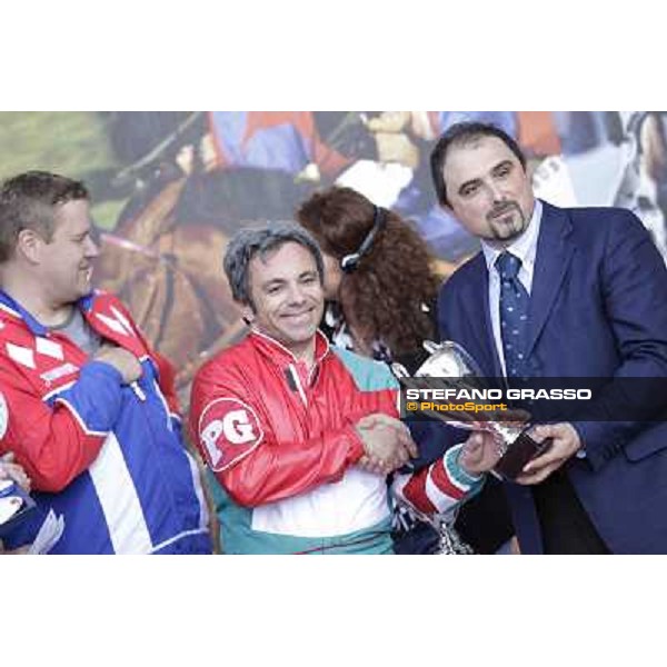 Fabrizio Procino with Pietro Gubellini and Harry Rantanen after winning the Gran Premio d\'Europa Milano - San Siro trot racecourse, 25th april 2012 ph.Stefano Grasso