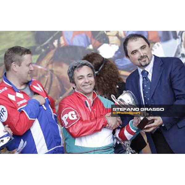 Fabrizio Procino with Pietro Gubellini and Harry Rantanen after winning the Gran Premio d\'Europa Milano - San Siro trot racecourse, 25th april 2012 ph.Stefano Grasso