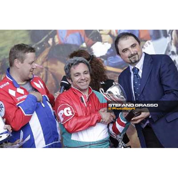 Fabrizio Procino with Pietro Gubellini and Harry Rantanen after winning the Gran Premio d\'Europa Milano - San Siro trot racecourse, 25th april 2012 ph.Stefano Grasso