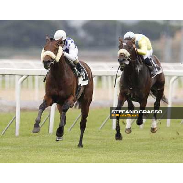 Mirco Demuro on Principe Adepto goes to win the Premio Signorino-Mem.Alessandro Lancellotti. Fabio Branca on Billy Budd is second Rome - Capannelle racecourse, 29th apri l2012 ph.Stefano Grasso