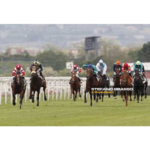 Gabriele Bietolini on Real Solution goes to win the Premio Botticelli followed by Teixidor and Vola e Va Rome - Capannelle racecourse, 29th apri l2012 ph.Stefano Grasso