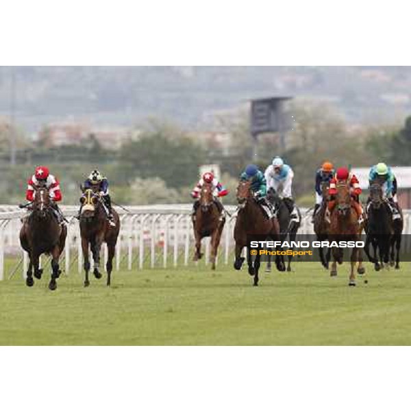 Gabriele Bietolini on Real Solution goes to win the Premio Botticelli followed by Teixidor and Vola e Va Rome - Capannelle racecourse, 29th apri l2012 ph.Stefano Grasso