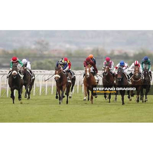 The final straight of the Premio Regina Elena won by Fabio Branca on Cherry Collect. Mirco Demuro on Last Night Show is second. Rome - Capannelle racecourse, 29th april 2012 ph.Stefano Grasso