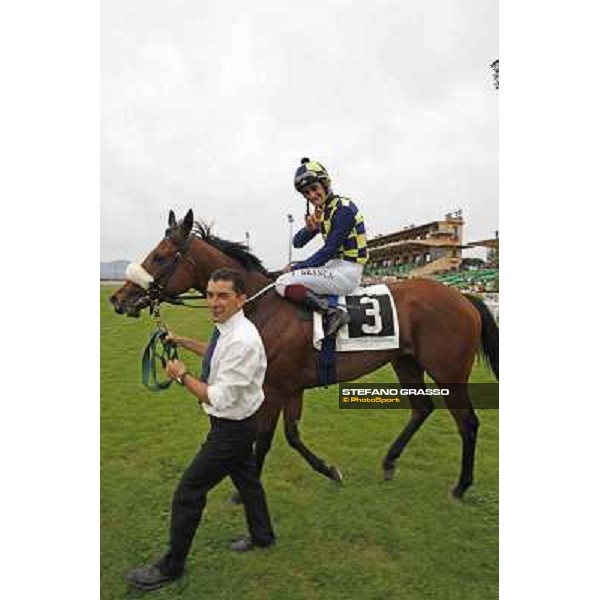 Fabio Branca celebrates on Cherry Collect after winning the Premio Regina Elena Rome - Capannelle racecourse, 29th april 2012 ph.Stefano Grasso