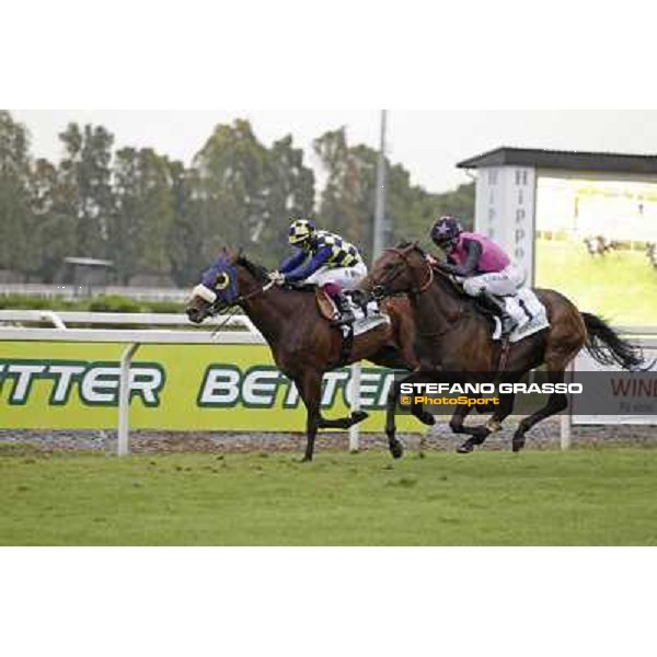 Robert Havlin on Feuerblitz goes to win the 129° Derby Italiano Better beating Umberto Rispoli on Wild Wolf Roma - Capannelle racecourse, 20th may 2012 ph.Stefano Grasso