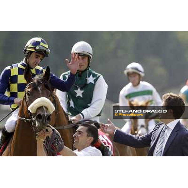 Stefano Botti congratulates with Fabio Branca on Cherry Collect returning home after winning the Oaks d\'Italia Milano - San Siro racecourse, 26th may 2012 ph.Stefano Grasso