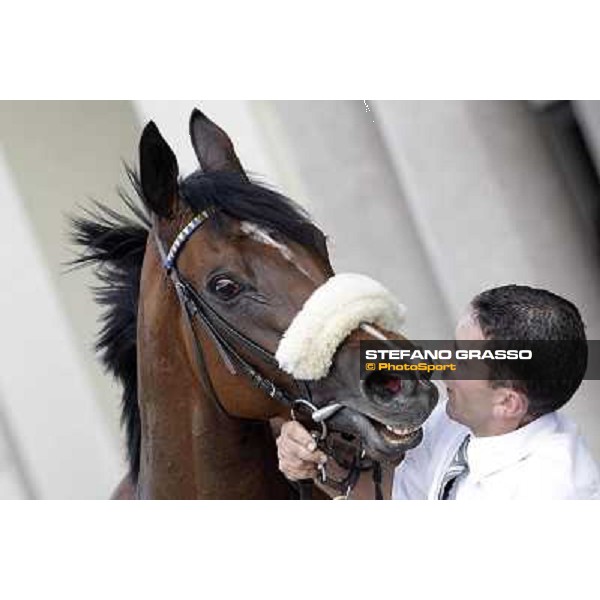 Jonathan Bacci congratulates with Cherry Collect after winning the Oaks d\'Italia Milano - San Siro racecourse, 26th may 2012 ph.Stefano Grasso