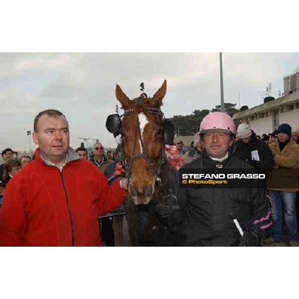 winner circle for Kuza Viva, winner of Prix du Luxembourg, his groom and Stephane Levoy Paris Vincennes, 29th january 2005 ph. Stefano Grasso