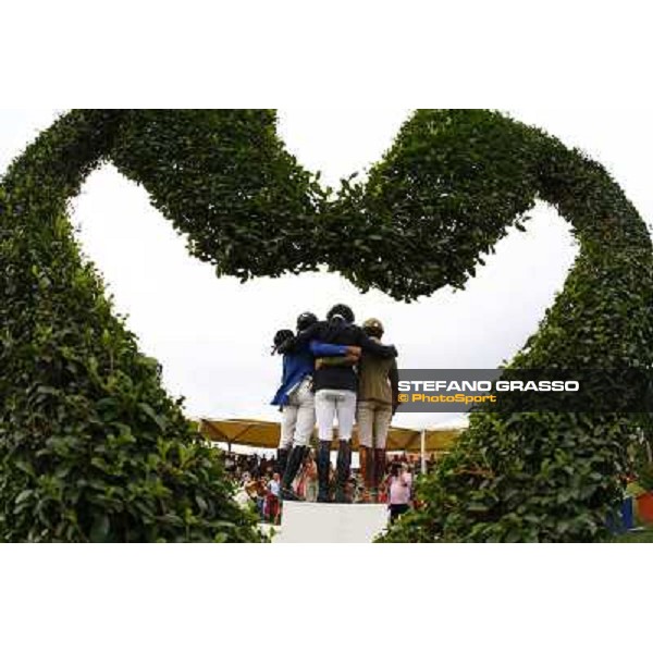 The podium of the Italian showjumping championship 2012 -Natale Chiaudani, Italian Champion - Lucia Vizzini second,Giovanni Consorti third Italian Senior showjumping championship Arezzo, 14th july 2012 ph.Stefano Grasso