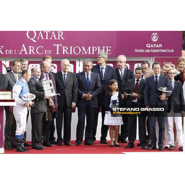 Olivier Peslier on Solemia wins the Qatar Prix de L\'Arc de Triomphe beating Christophe Soumillon on Orfevre Paris - Longchamp racecourse 7th oct..2012 ph.Stefano Grasso