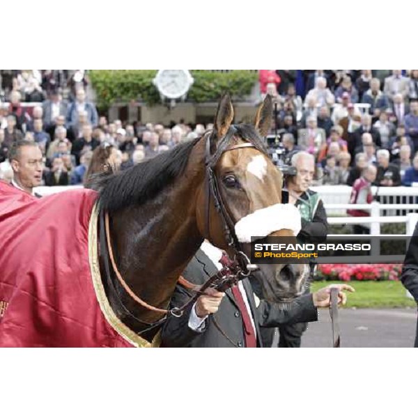 Olivier Peslier on Solemia wins the Qatar Prix de L\'Arc de Triomphe beating Christophe Soumillon on Orfevre Paris - Longchamp racecourse 7th oct..2012 ph.Stefano Grasso