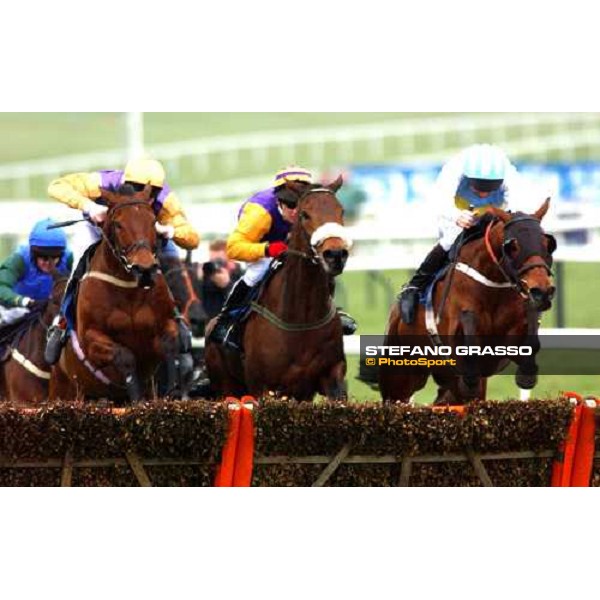 at the Last jump of the Smurfit Champion Hurdle, the winner, Hardy Eustace with C.O\'Dwyer (1st from right) followed by Harchibald(middle) and Brave Inca Cheltenham, The Festival 1st day 15th march 2005 ph. Stefano Grasso