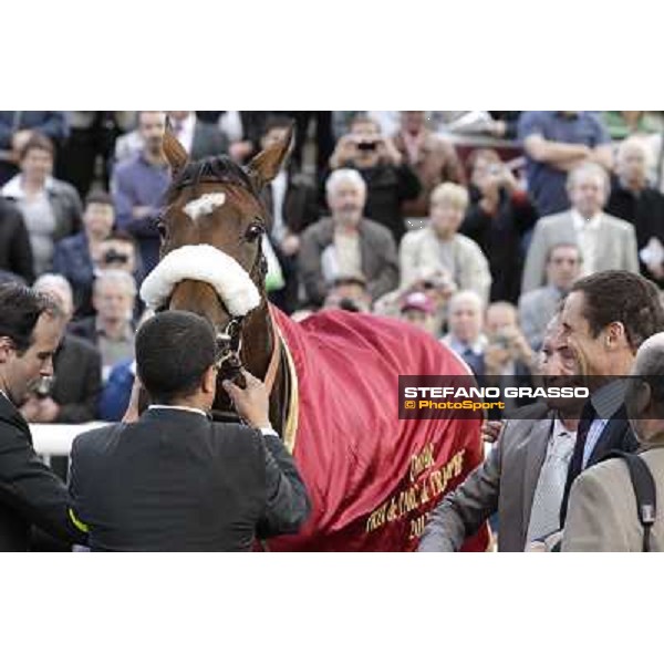 Paris - Longchamp racecourse congratulations for Olivier Peslier,Solemia and trainer Laffon-Parias after winning the Qatar Prix de l\'Arc de Triomphe Paris, 7th oct.2012 ph.Stefano Grasso