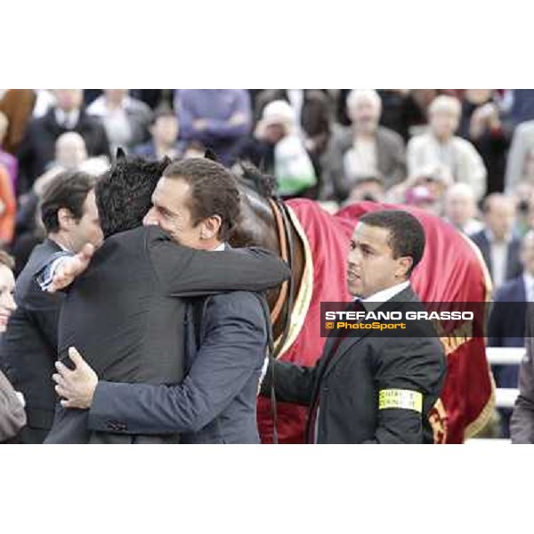 Paris - Longchamp racecourse congratulations for Olivier Peslier,Solemia and trainer Laffon-Parias after winning the Qatar Prix de l\'Arc de Triomphe Paris, 7th oct.2012 ph.Stefano Grasso