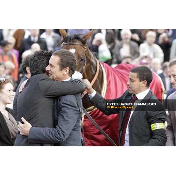 Paris - Longchamp racecourse congratulations for Olivier Peslier,Solemia and trainer Laffon-Parias after winning the Qatar Prix de l\'Arc de Triomphe Paris, 7th oct.2012 ph.Stefano Grasso