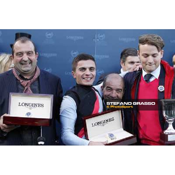 The prize giving ceremony of the Gran Premio Longines Lydia Tesio - Andrea Atzeni with his father and Sortilege\'s owner Holger Faust Rome, Capannelle racecourse 28th october 2012 ph.Stefano Grasso
