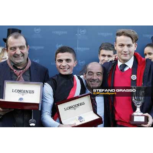 The prize giving ceremony of the Gran Premio Longines Lydia Tesio - Andrea Atzeni with his father and Sortilege\'s owner Holger Faust Rome, Capannelle racecourse 28th october 2012 ph.Stefano Grasso