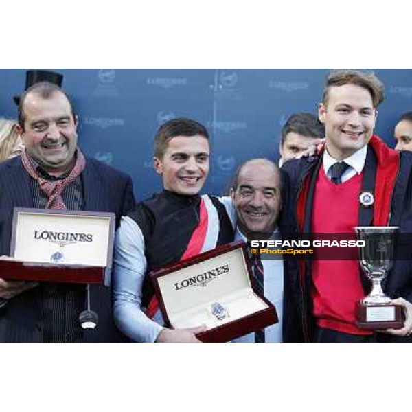 The prize giving ceremony of the Gran Premio Longines Lydia Tesio - Andrea Atzeni with his father and Sortilege\'s owner Holger Faust Rome, Capannelle racecourse 28th october 2012 ph.Stefano Grasso