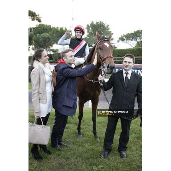 Andrea Atzeni on Sortilege celebrates with the owner after winning the Gran Premio Longines Lydia Tesio Rome, Capannelle racecourse 28th october 2012 ph.Stefano Grasso