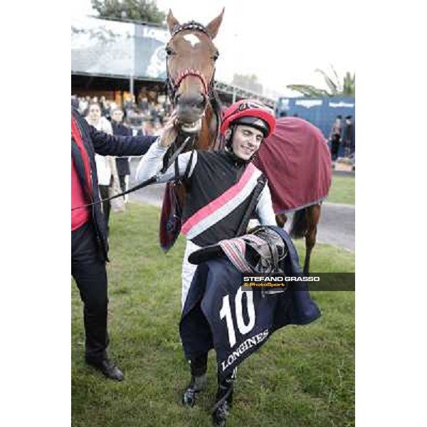 Andrea Atzeni with Sortilege celebrates after winning the Gran Premio Longines Lydia Tesio Rome, Capannelle racecourse 28th october 2012 ph.Stefano Grasso