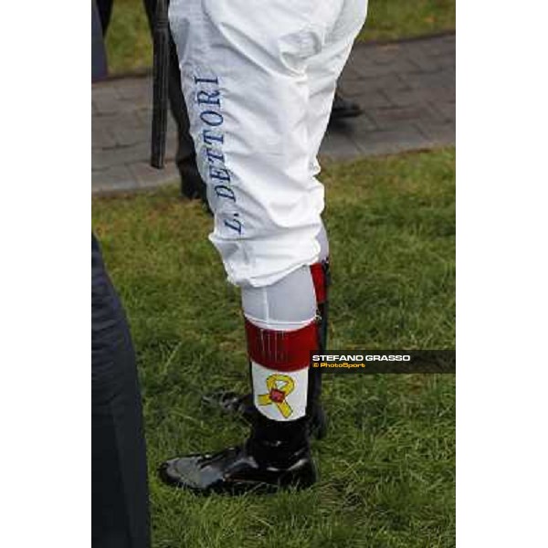 a close up to Frankie Dettori\'s pants with the logo \'Liberi Subito\' for the Italian Marò Roma - Capannelle racecourse,28th oct.2012 ph.Stefano Grasso