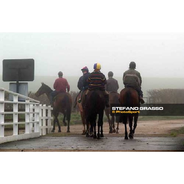 Dr. Philip Pritchard with his stable staff during morning works in a foggy day Purton, Gloucestershire 19th march 2005 Ph. Stefano Grasso