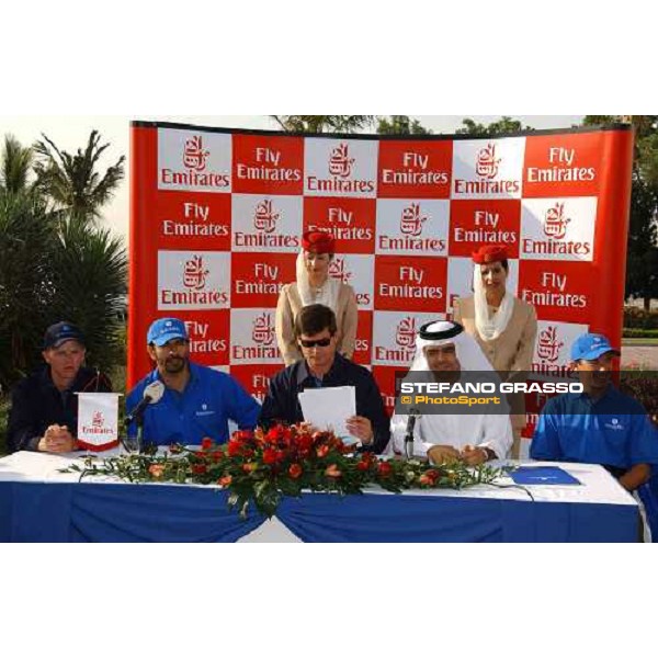Godolphin Horses in training - press conference from left, Kerrin McEvoy, Saeed Bin Suroor, Simon Crisford, Sheikh Ahmed bin Saeed Al-MAktoum, Emirates\' Chairman and Frankie Dettori Al Quoz Dubai UAE 23rd march 2005 ph. Stefano Grasso
