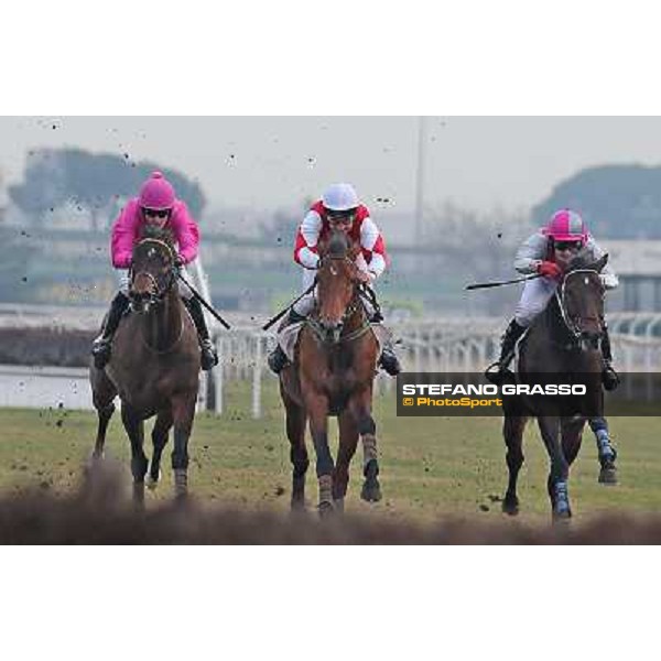 at right Frammassone,Josef Van jr. up, goes to win the Premio Antonio Spinetti beating Sol Invictus, Dirk Fuhrmann up and Fastidigrass, Joseph Bartos up Rome,8th jan.2013 ph.Stefano Grasso