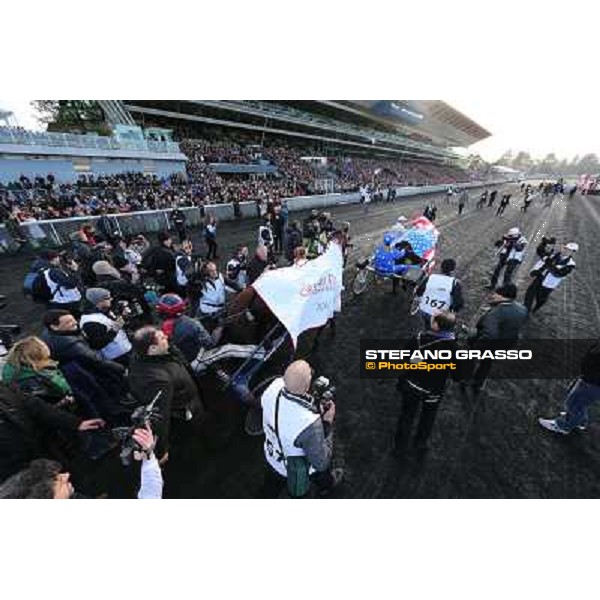 Jean Philippe Dubois ,Royal Dream and their winning connection parade after the triumph in the Grand Prix d\'Amerique Paris - Vincennes racecourse,27th january 2013 ph.Stefano Grasso