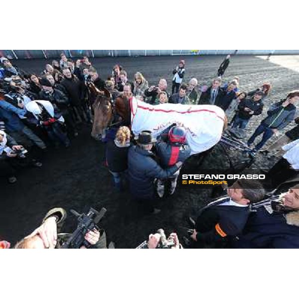 Jean Philippe Dubois ,Royal Dream and their winning connection parade after the triumph in the Grand Prix d\'Amerique Paris - Vincennes racecourse,27th january 2013 ph.Stefano Grasso