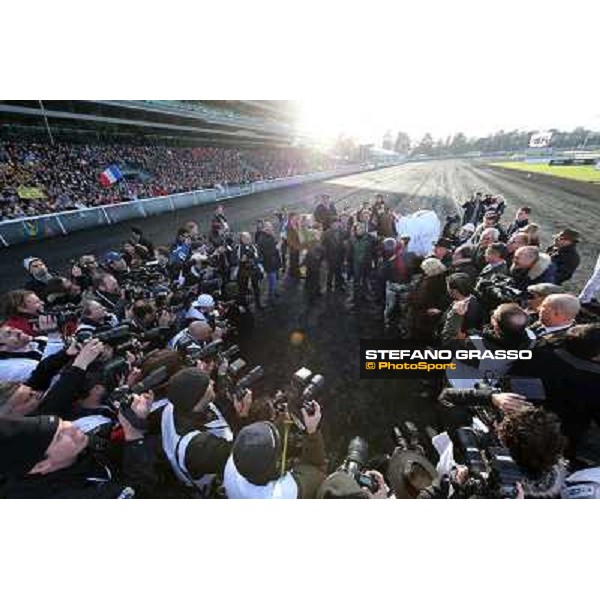 Jean Philippe Dubois ,Royal Dream and their winning connection parade after the triumph in the Grand Prix d\'Amerique Paris - Vincennes racecourse,27th january 2013 ph.Stefano Grasso