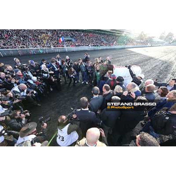 Jean Philippe Dubois ,Royal Dream and their winning connection parade after the triumph in the Grand Prix d\'Amerique Paris - Vincennes racecourse,27th january 2013 ph.Stefano Grasso