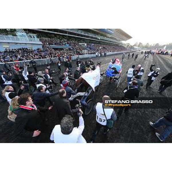 Jean Philip Dubois and Royal Dream parade after winning the 92° Grand Prix d\'Amerique Paris - Vincennes racecourse,27th january 2013 ph.Stefano Grasso