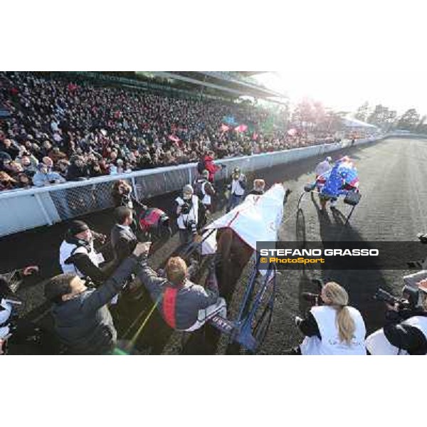 Jean Philip Dubois and Royal Dream parade after winning the 92° Grand Prix d\'Amerique Paris - Vincennes racecourse,27th january 2013 ph.Stefano Grasso