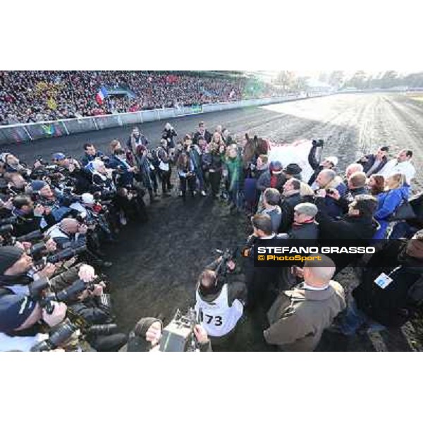 Jean Philip Dubois and Royal Dream parade after winning the 92° Grand Prix d\'Amerique Paris - Vincennes racecourse,27th january 2013 ph.Stefano Grasso