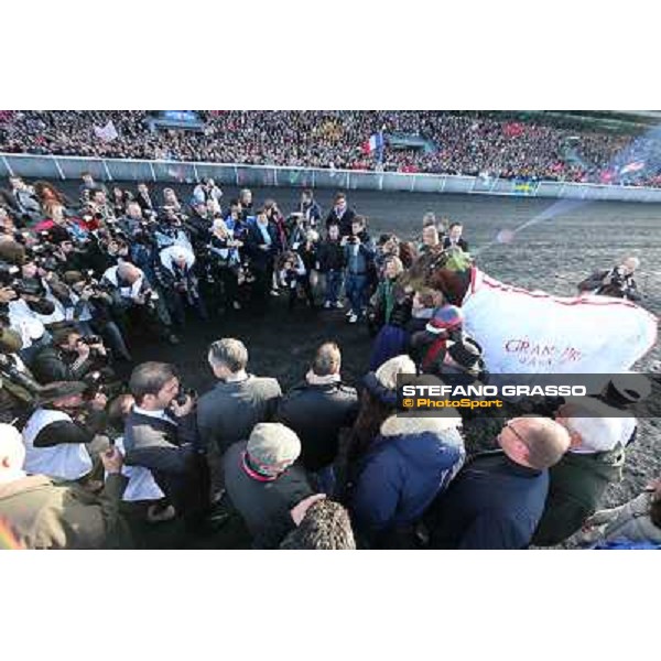 Jean Philip Dubois and Royal Dream parade after winning the 92° Grand Prix d\'Amerique Paris - Vincennes racecourse,27th january 2013 ph.Stefano Grasso