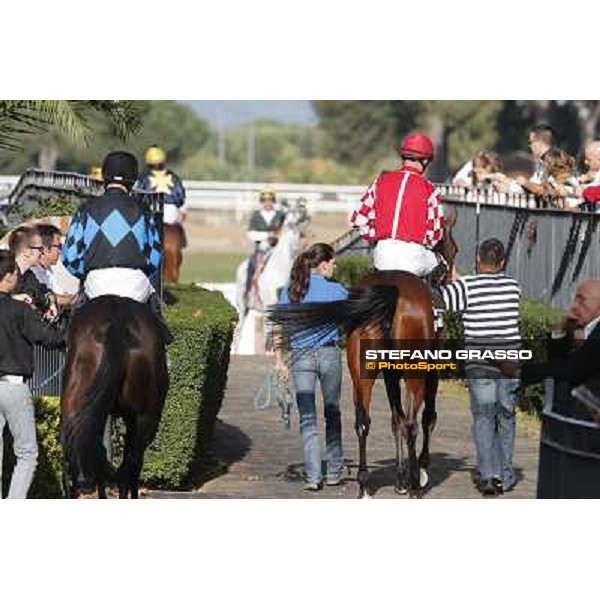 Jockeys and horses enter the track Roma,Capannelle racecourse,3rd nov.2013 ph.Stefano Grasso