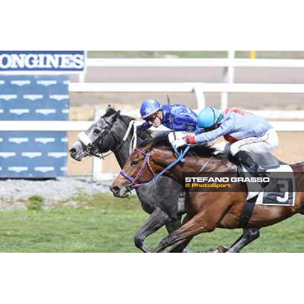 Cristian Demuro on Freedom Holder wins the Premio Daumier - Mem.Marco Rinaldi - 2nd is Salvatore Sulas on Hoovergetthekeys Roma - Capannelle racecourse,6th april 2014 ph.Stefano Grasso