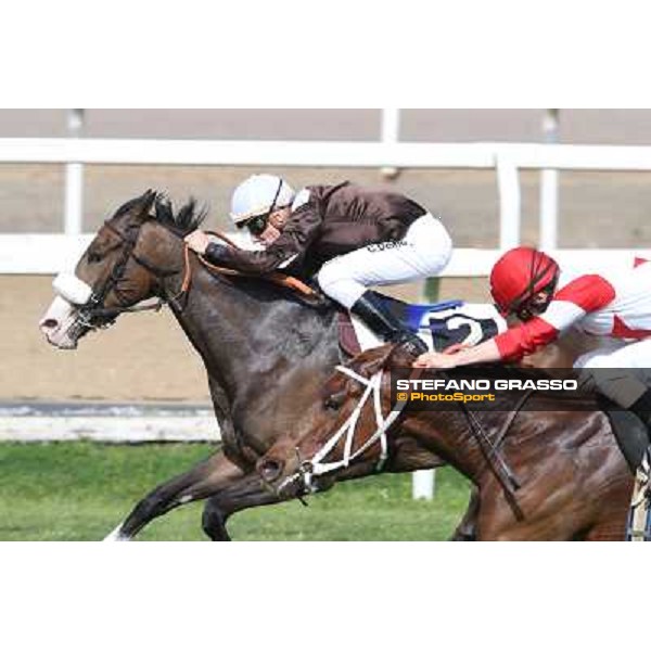 Cristian Demuro on Donna Prassede wins the Premio Torricola - 2nd is Gabriele Bietolini on Kitten\'s Lady Roma - Capannelle racecourse,6th april 2014 ph.Stefano Grasso