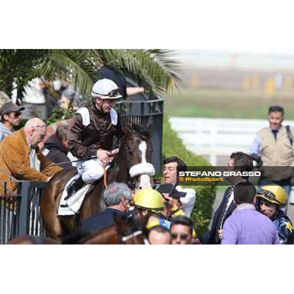 Cristian Demuro on Donna Prassede after winning the Premio Torricola and Stefano Botti Roma - Capannelle racecourse,6th april 2014 ph.Stefano Grasso